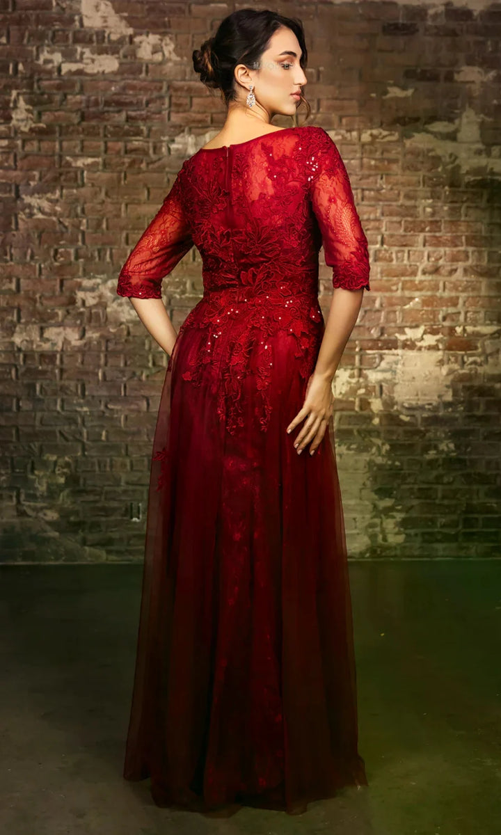 Applique Mid-Sleeve A-line Gown by May Queen MQ2143