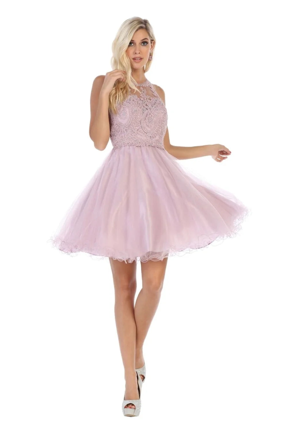 Applique Short Halter Ruffled Dress by May Queen MQ1643