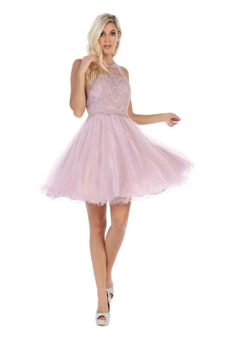 Applique Short Halter Ruffled Dress by May Queen MQ1643