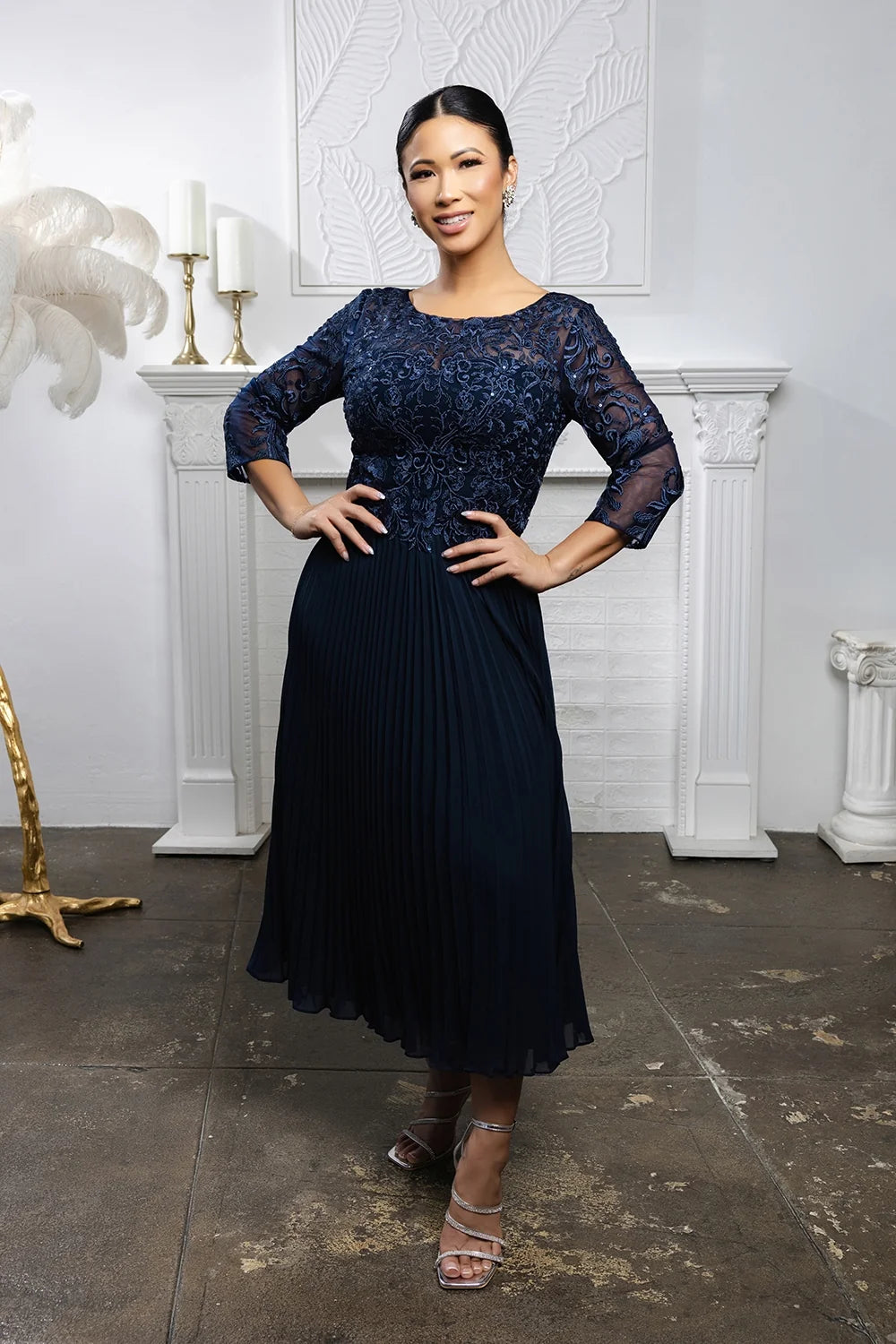 Pleated 3/4 Sleeve Tea Length Dress by May Queen MQ2189