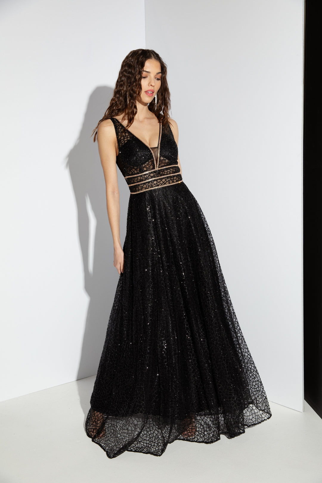 Glitter Mesh V-Neck A-line Gown by Eureka 9005