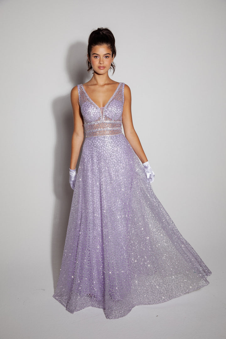Glitter Mesh V-Neck A-line Gown by Eureka 9005