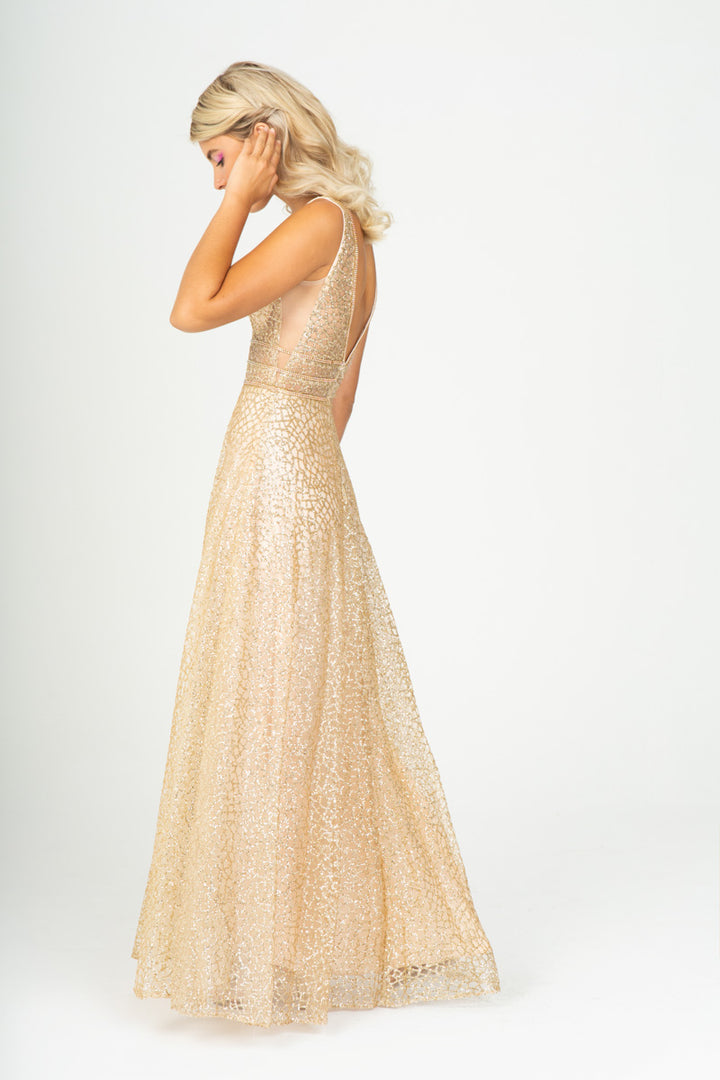 Glitter Mesh V-Neck A-line Gown by Eureka 9005