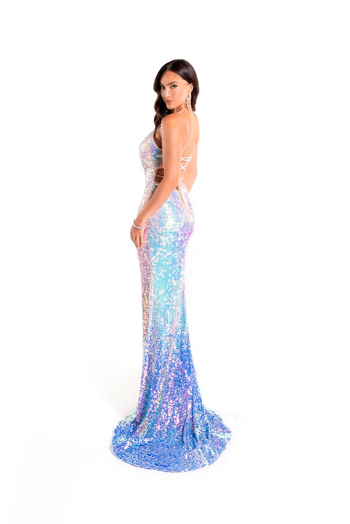 Fitted Iridescent Sequin Gown by Abby Paris 90169
