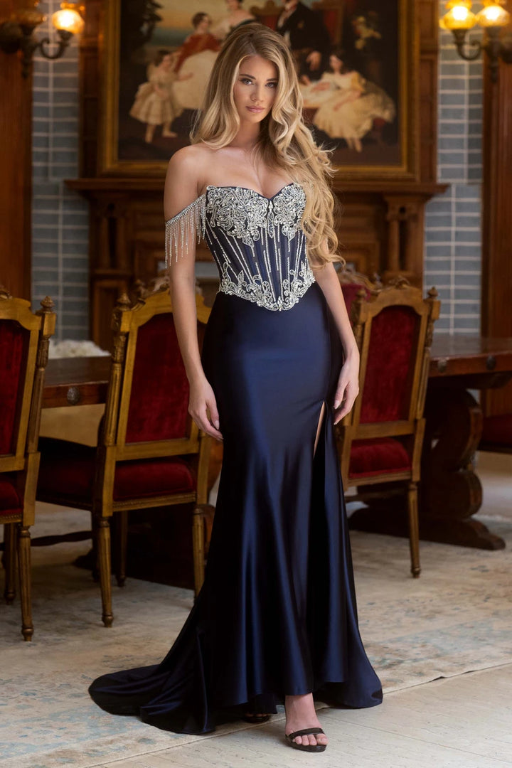 Satin Off Shoulder Fringe Slit Gown by Lenovia 8531
