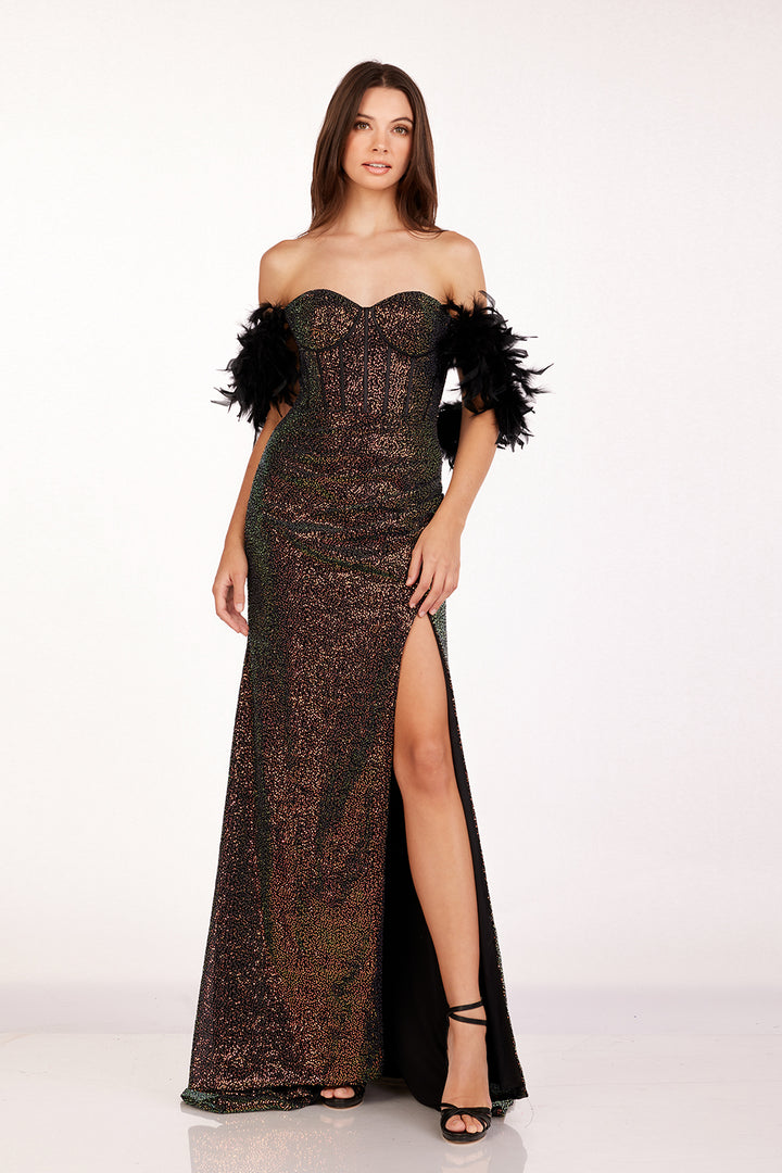 Feather Off Shoulder Slit Gown by Abby Paris 90254