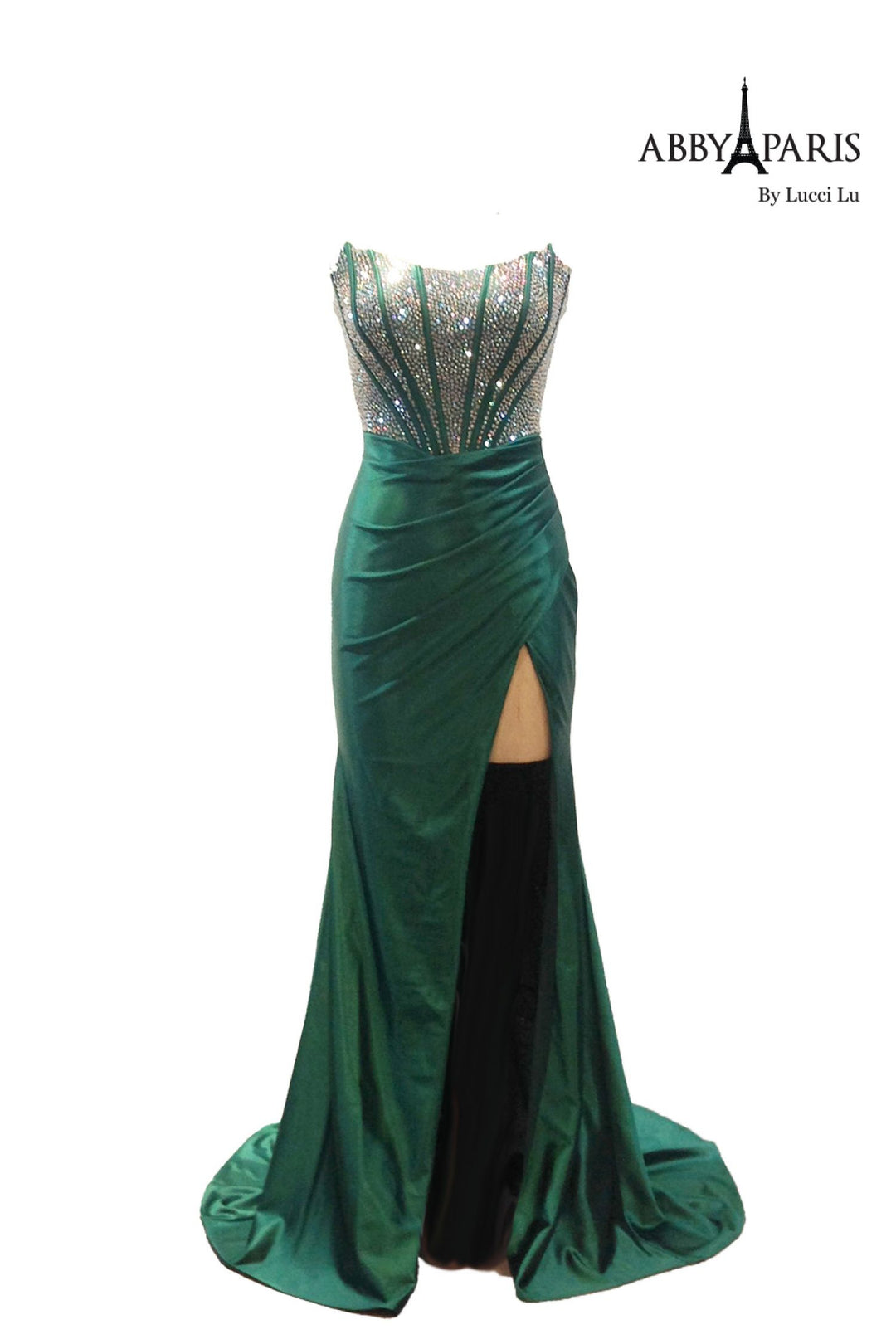 Beaded Fitted Strapless Slit Gown by Abby Paris 90255