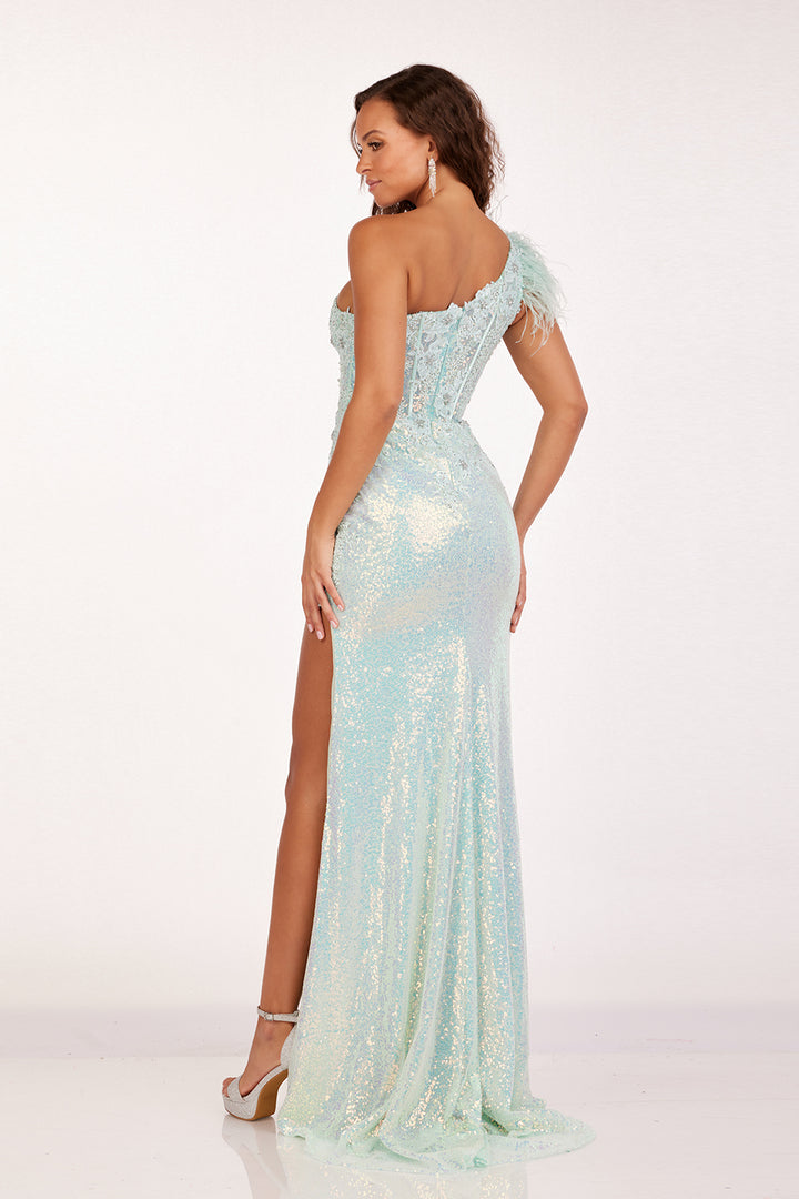 Feather One Shoulder Slit Gown by Abby Paris 90256