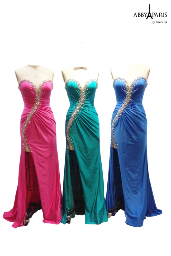 Beaded Jersey Strapless Slit Gown by Abby Paris 90258