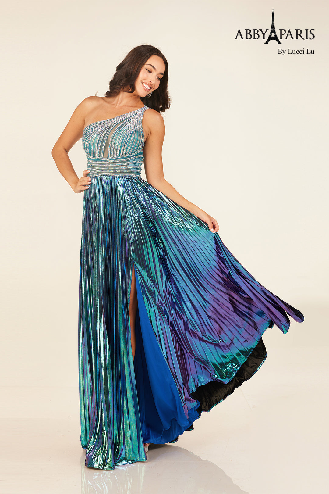 Metallic One Shoulder Slit Gown by Abby Paris 90289