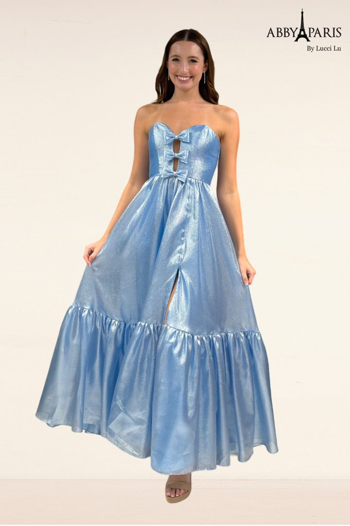 Strapless Bow Tea Length Dress by Abby Paris 90291
