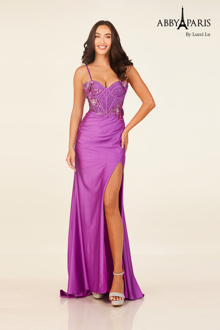 Applique Glitter Corset Slit Gown by Abby Paris 90295