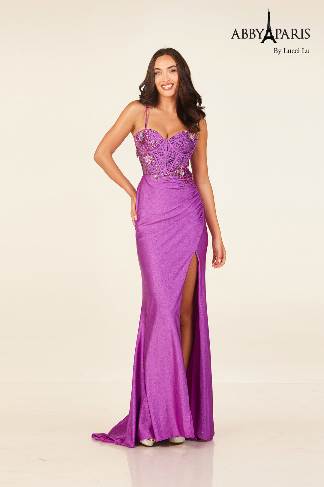 Applique Glitter Corset Slit Gown by Abby Paris 90295