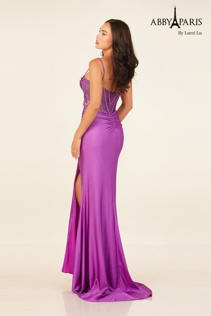 Applique Glitter Corset Slit Gown by Abby Paris 90295