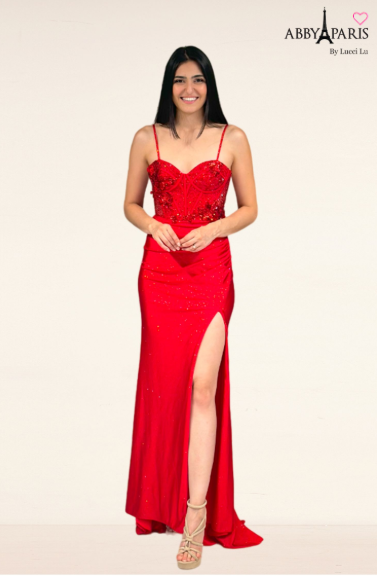 Applique Glitter Corset Slit Gown by Abby Paris 90295