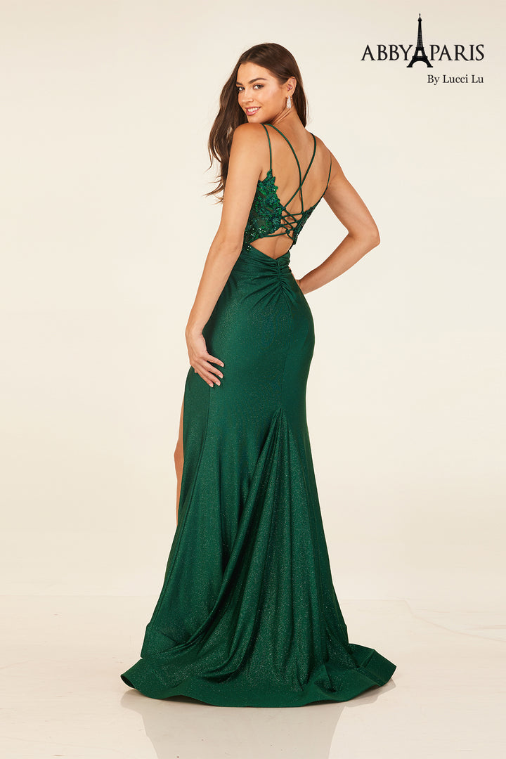 Sequin Applique V-Neck Slit Gown by Abby Paris 90314