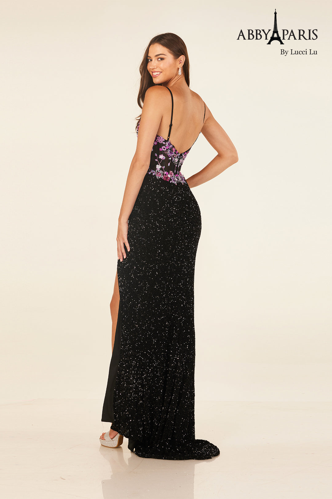 Sequin Fitted V-Neck Slit Gown by Abby Paris 90316