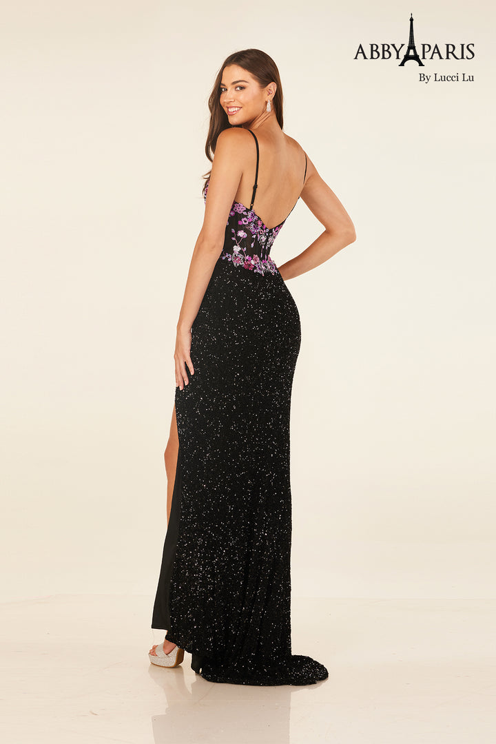 Sequin Fitted V-Neck Slit Gown by Abby Paris 90316