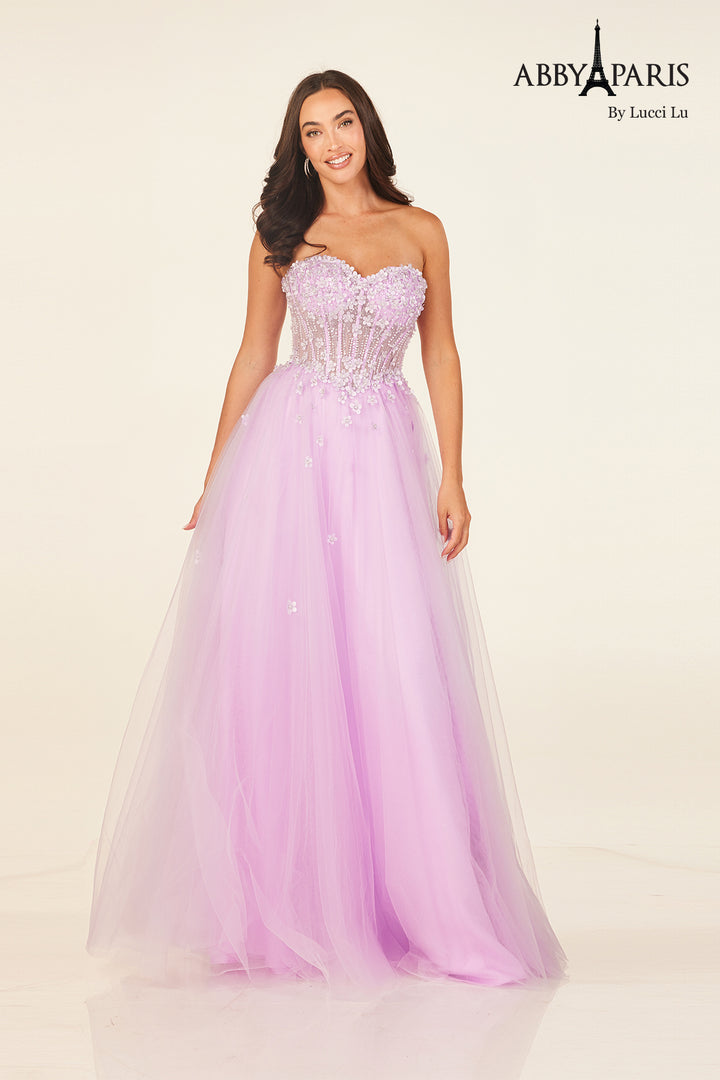 Beaded Strapless A-line Gown by Abby Paris 90338