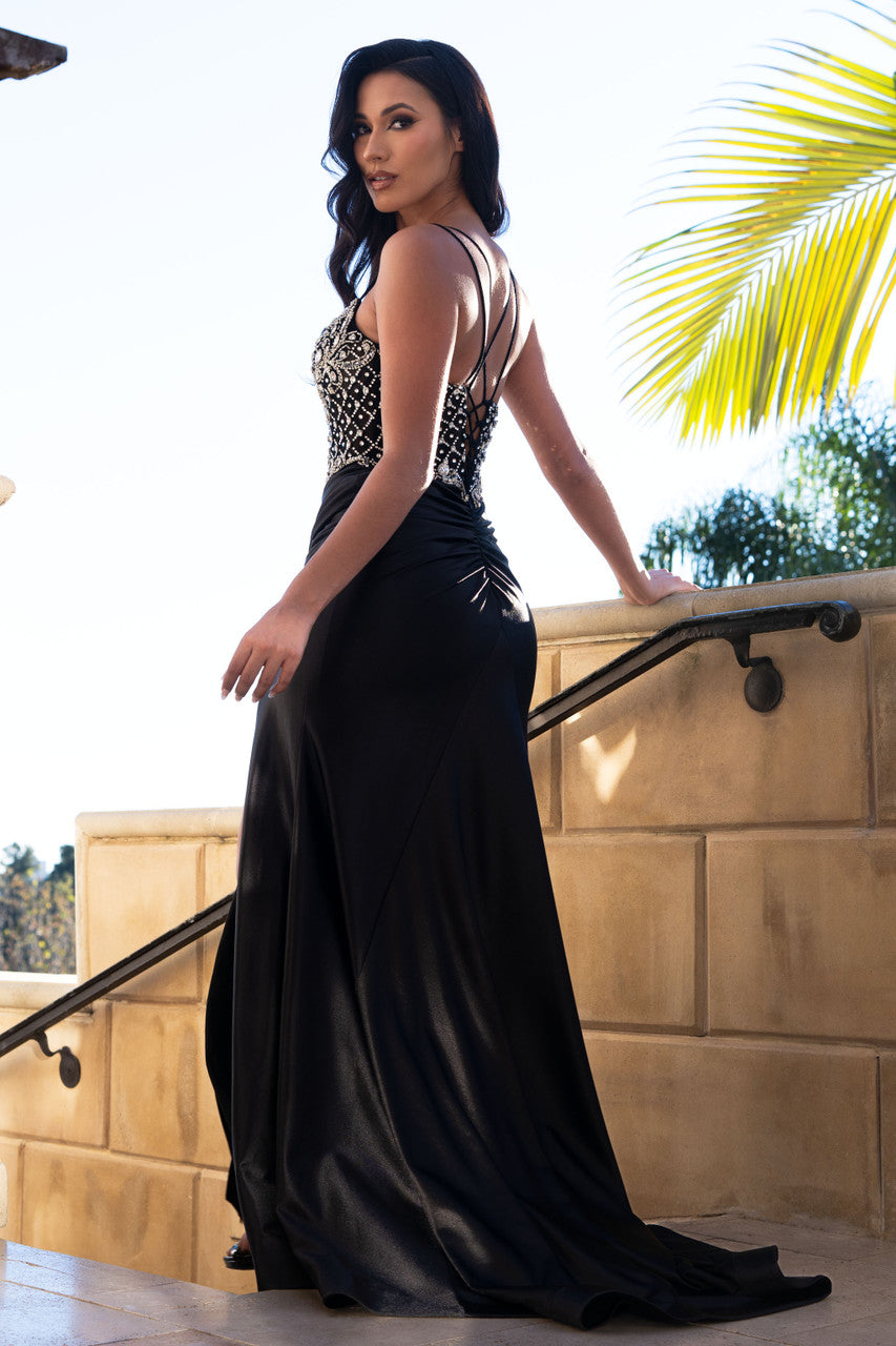 Beaded Satin Sleeveless Slit Gown by Lenovia 8479