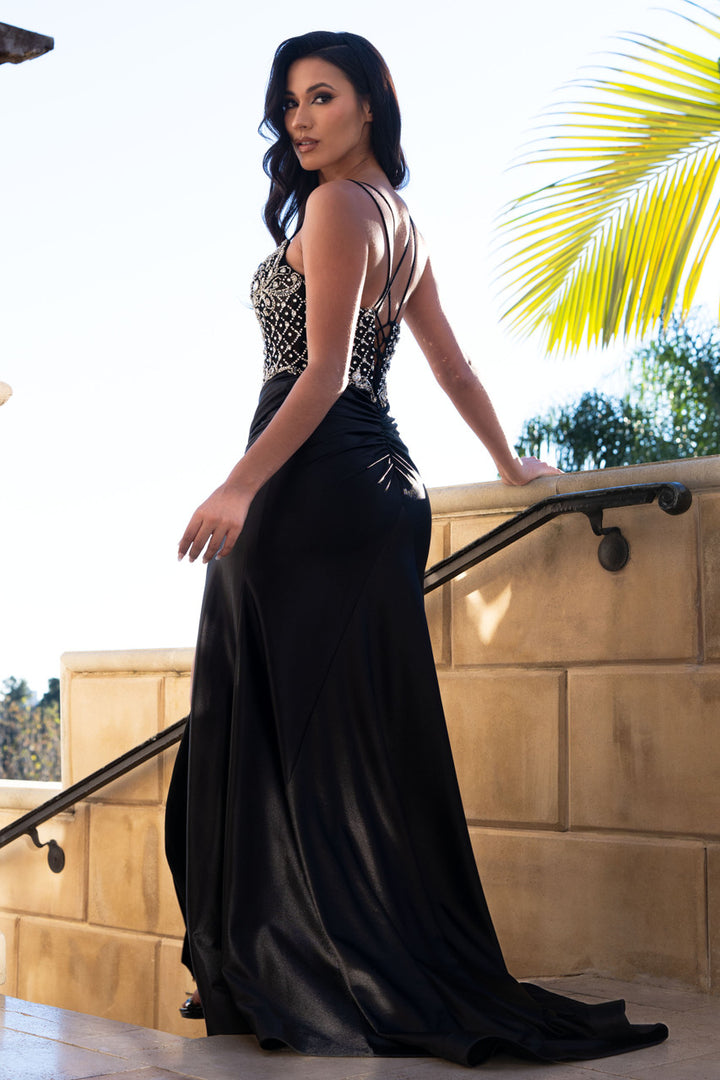 Beaded Satin Sleeveless Slit Gown by Lenovia 8479