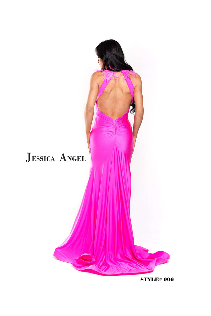 Feather Halter Slit Gown by Jessica Angel 906