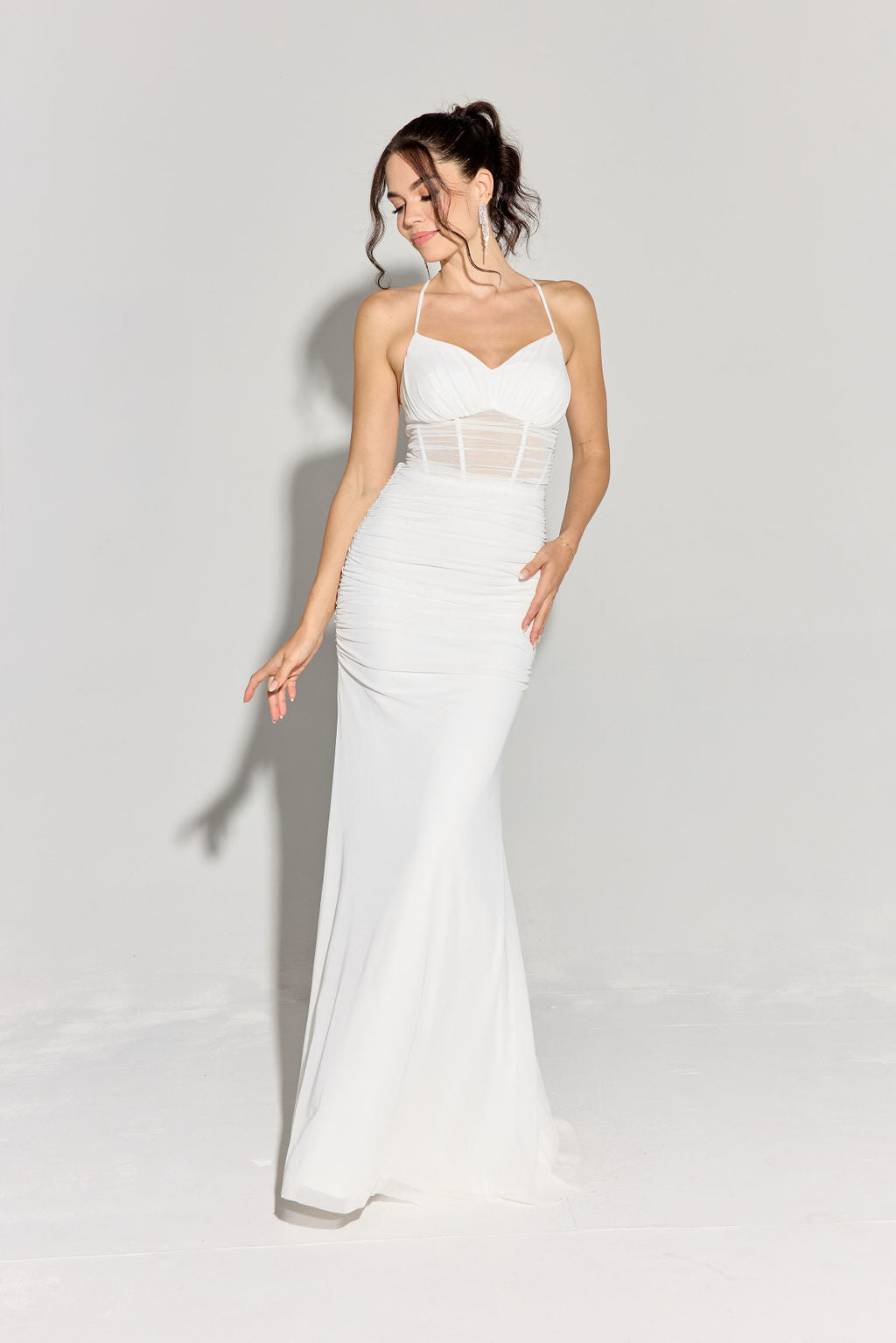 white sheer corset dress White Sheer Corset Mermaid Wedding Dress with Mesh Train Modsele