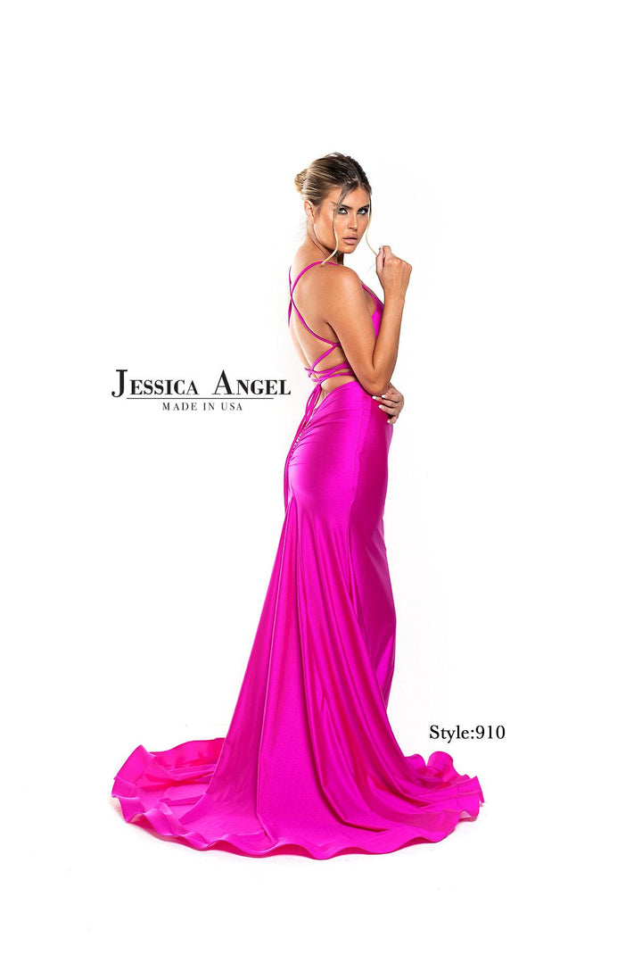 Jersey Fitted V-Neck Slit Gown by Jessica Angel 910