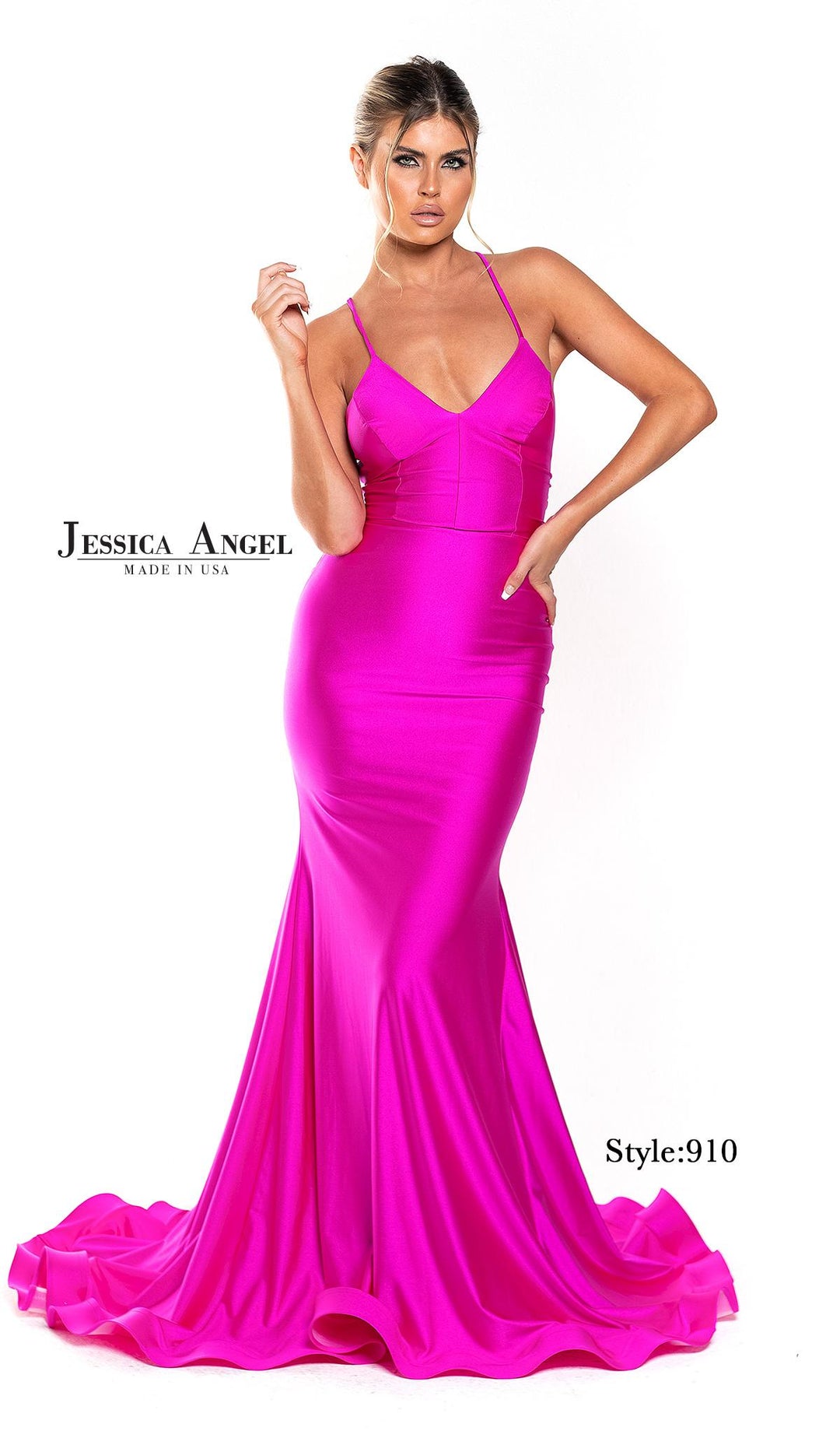 Jersey Fitted V-Neck Slit Gown by Jessica Angel 910