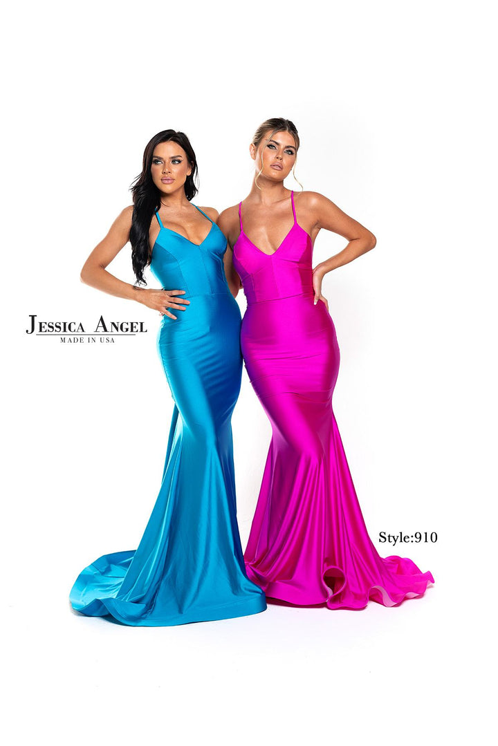 Jersey Fitted V-Neck Slit Gown by Jessica Angel 910