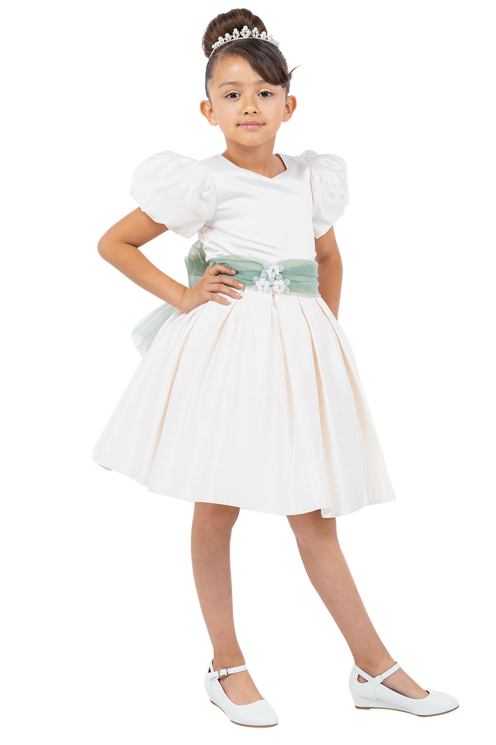 Girls Short Puff Sleeve Satin Dress by Cinderella Couture 9159