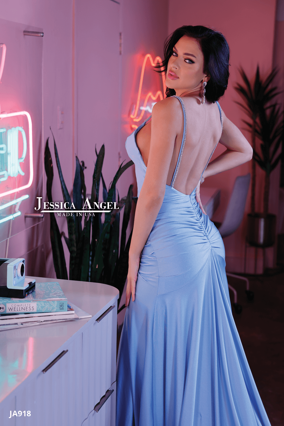Jersey Fitted V-Neck Slit Gown by Jessica Angel 918