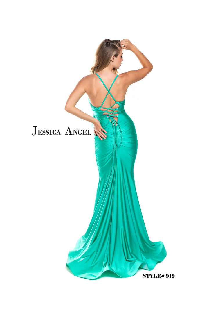 Feather Fitted V-Neck Gown by Jessica Angel 919