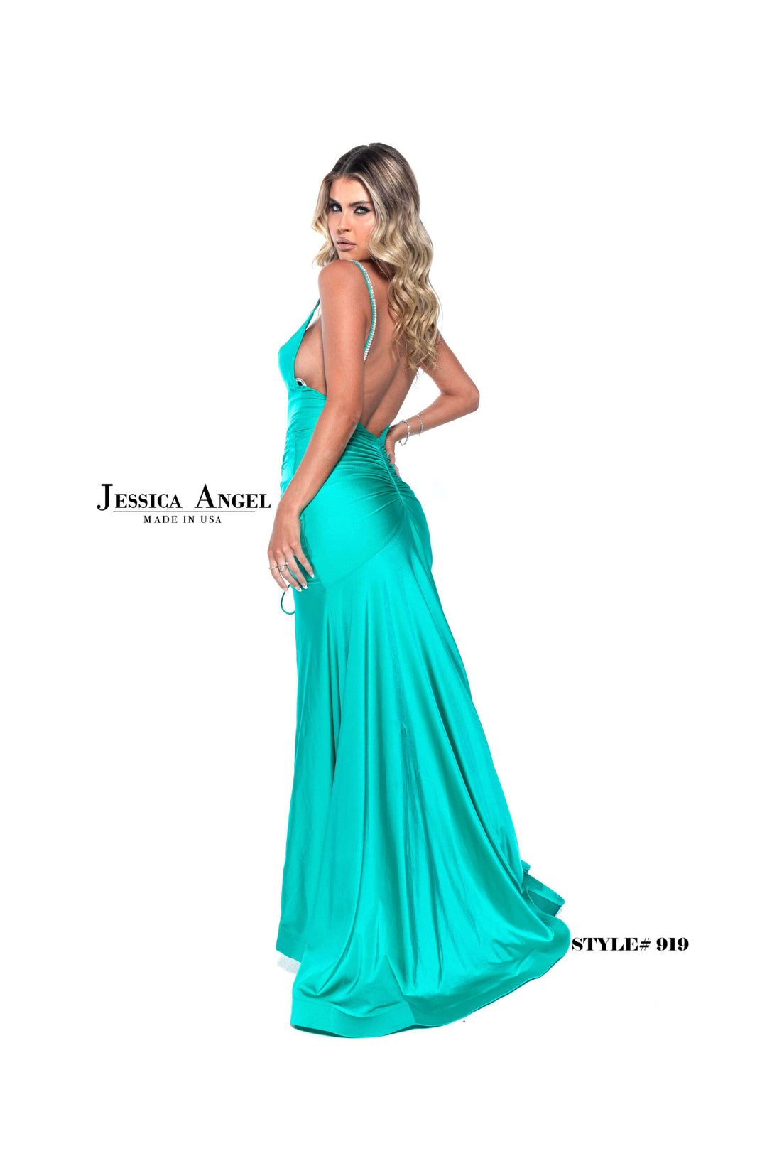 Feather Fitted V-Neck Gown by Jessica Angel 919