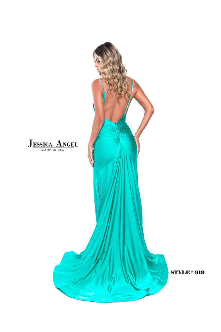 Feather Fitted V-Neck Gown by Jessica Angel 919
