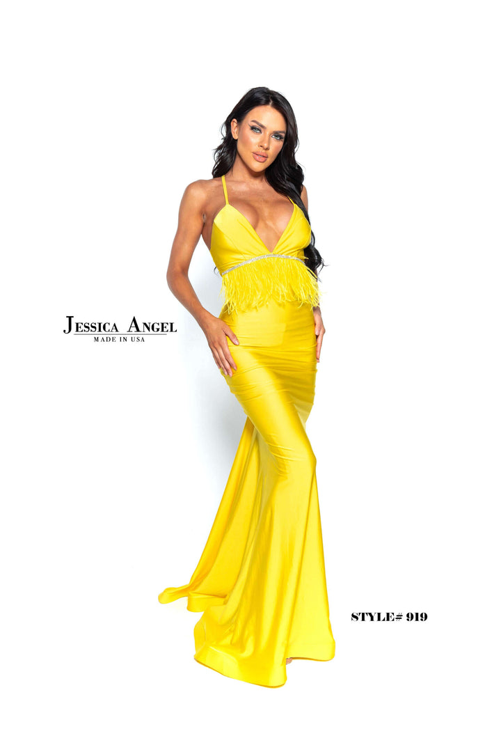 Feather Fitted V-Neck Gown by Jessica Angel 919