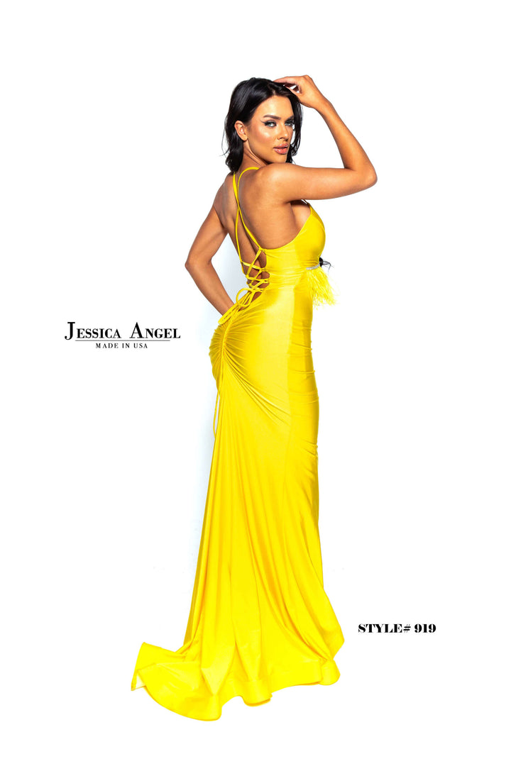 Feather Fitted V-Neck Gown by Jessica Angel 919
