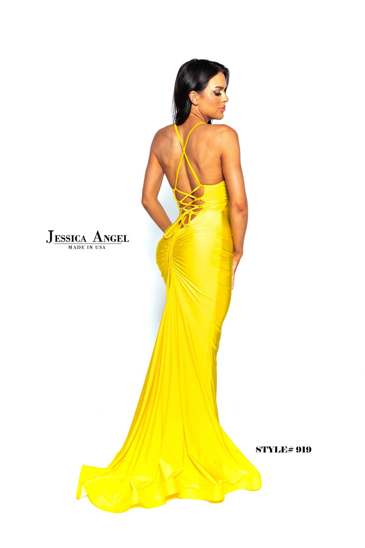 Feather Fitted V-Neck Gown by Jessica Angel 919