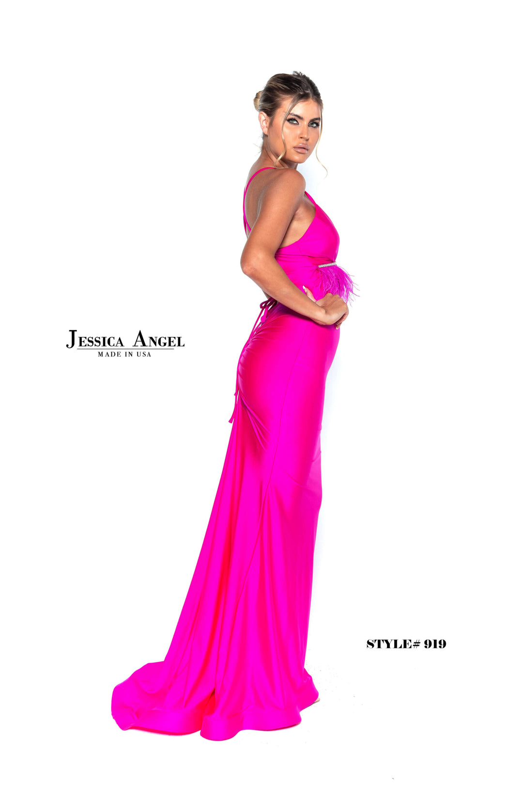 Feather Fitted V-Neck Gown by Jessica Angel 919