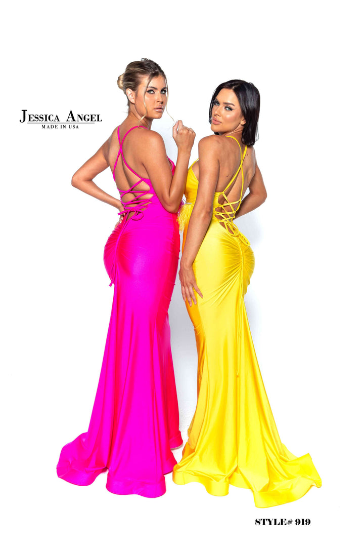 Feather Fitted V-Neck Gown by Jessica Angel 919