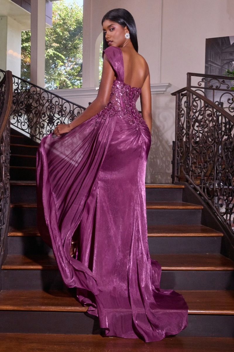 Beaded One Shoulder Slit Gown by Ladivine 9251
