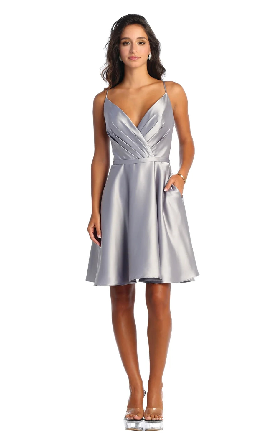 Satin Short V-Neck A-line Dress by May Queen MQ1882