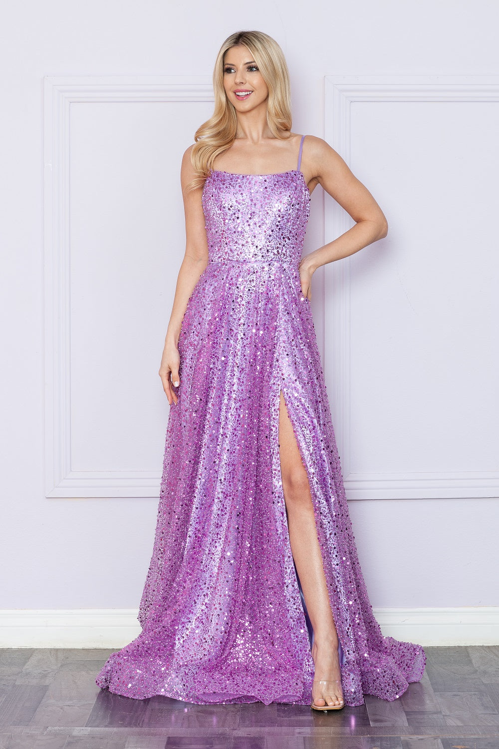 Sequin Sleeveless A-line Slit Gown by Poly USA 9290