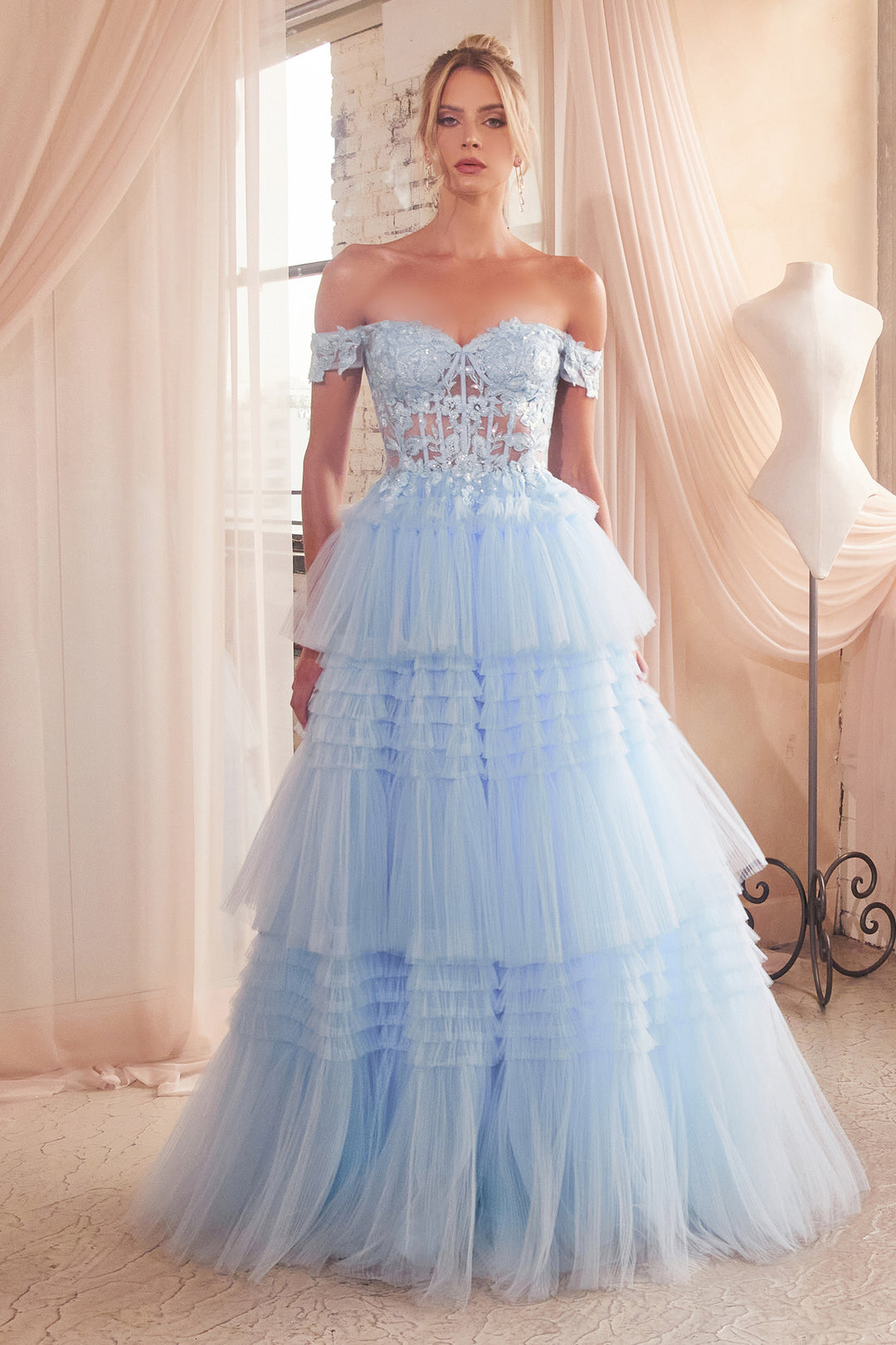 Off Shoulder Corset Layered Tulle Gown by Ladivine 9315