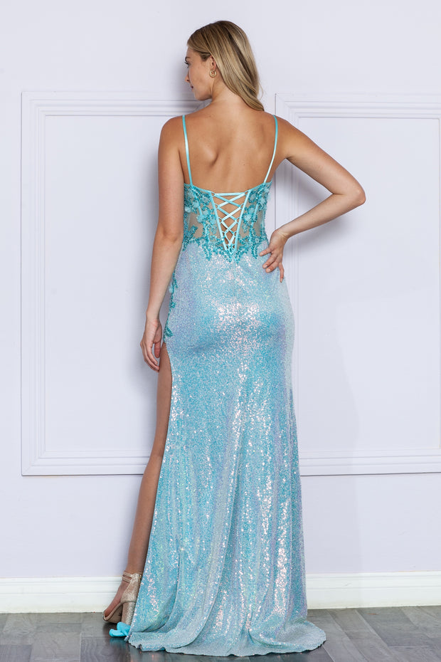 3D Floral Fitted Iridescent Sequin Slit Gown by Poly USA 9340