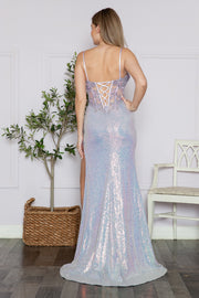 3D Floral Fitted Iridescent Sequin Slit Gown by Poly USA 9340