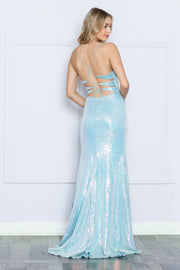 Fitted Embroidered Iridescent Sequin Slit Gown by Poly USA 9344