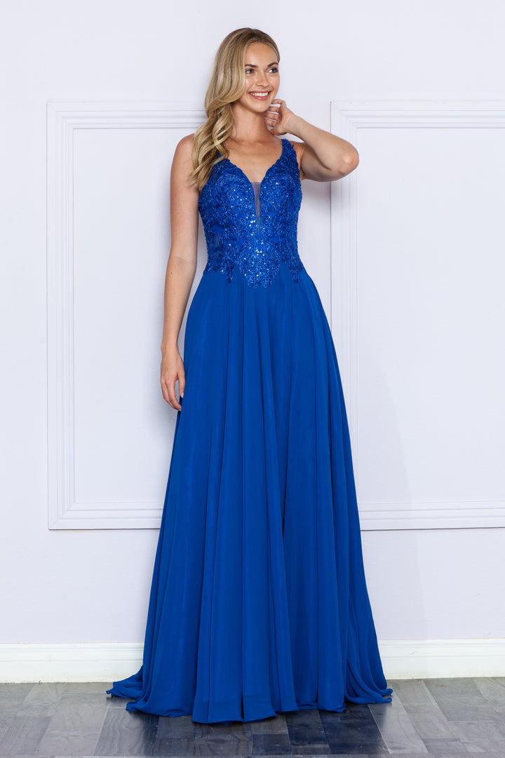 Embroidered Chiffon Sleeveless Slit Gown by Poly USA 9366