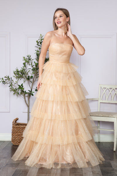 Tiered Strapless Glitter A-line Gown by Poly USA 9386