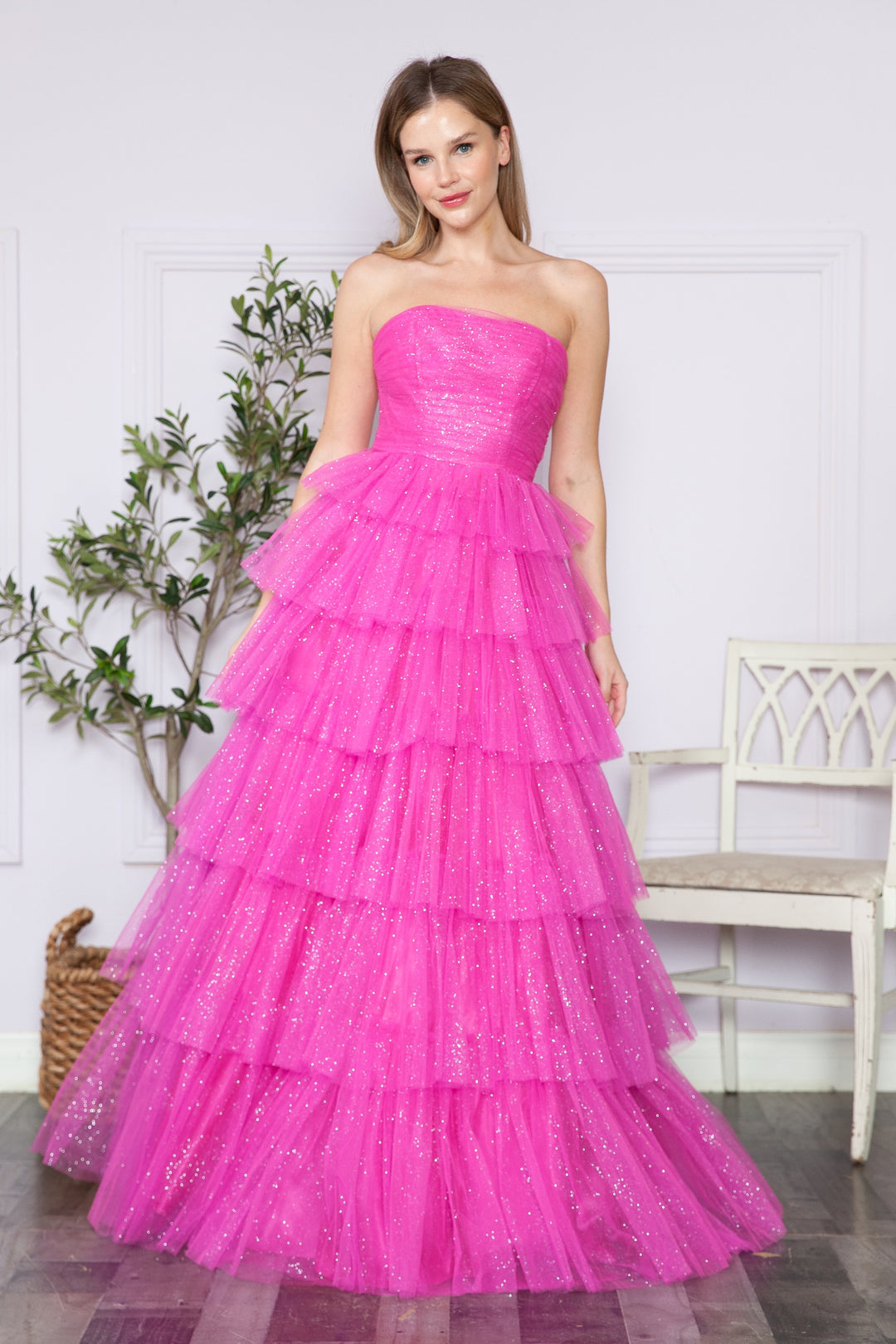 Tiered Strapless Glitter A-line Gown by Poly USA 9386